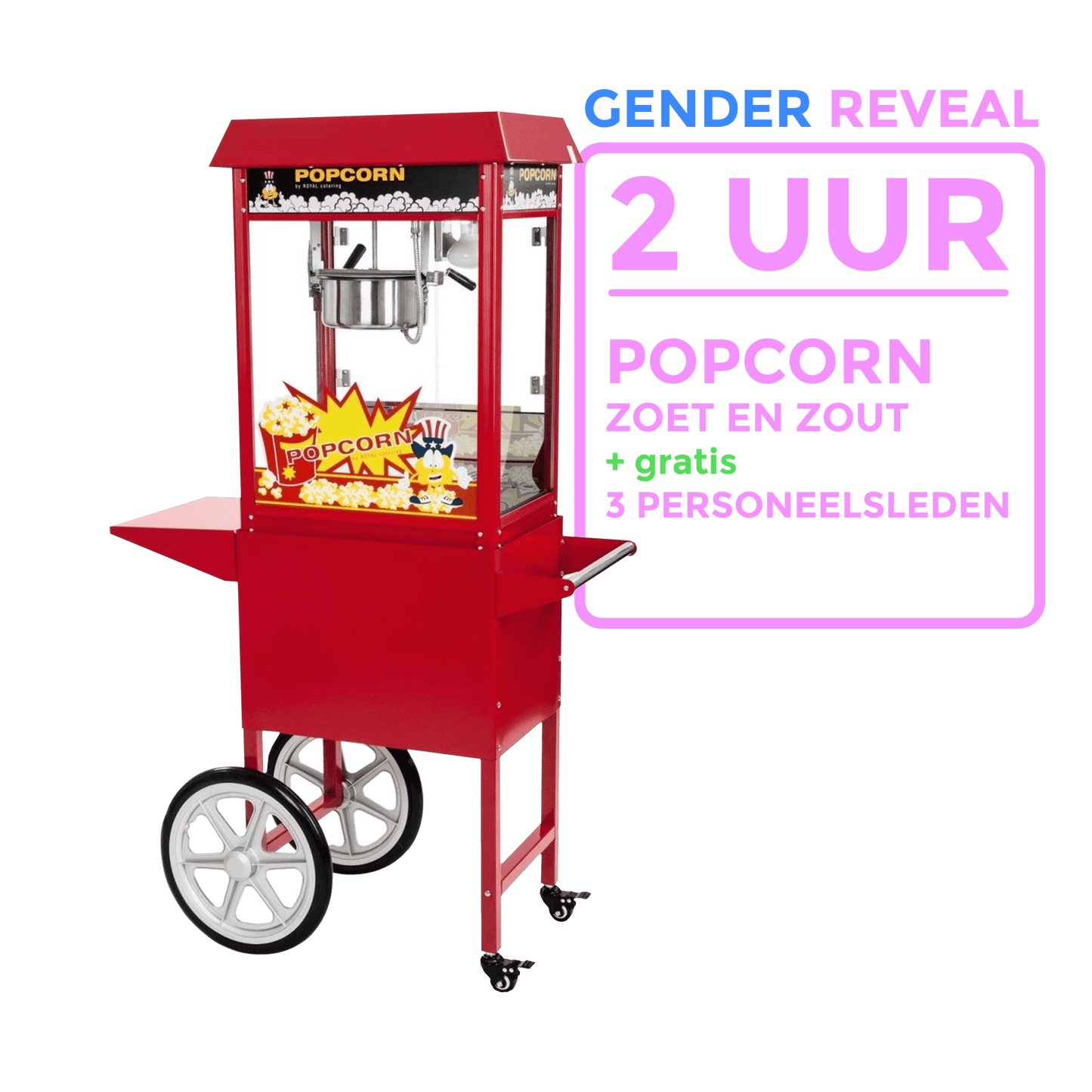 Boek een Popcorn Machine voor 2 uur + GENDER REVEAL (incl. 3 personeelsleden) - Fun Party Rentals