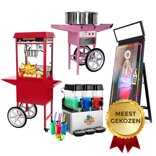 Boek de SUIKERSPIN + POPCORN + SLUSH + PHOTOBOOTH kortingsbundel - Fun Party Rentals
