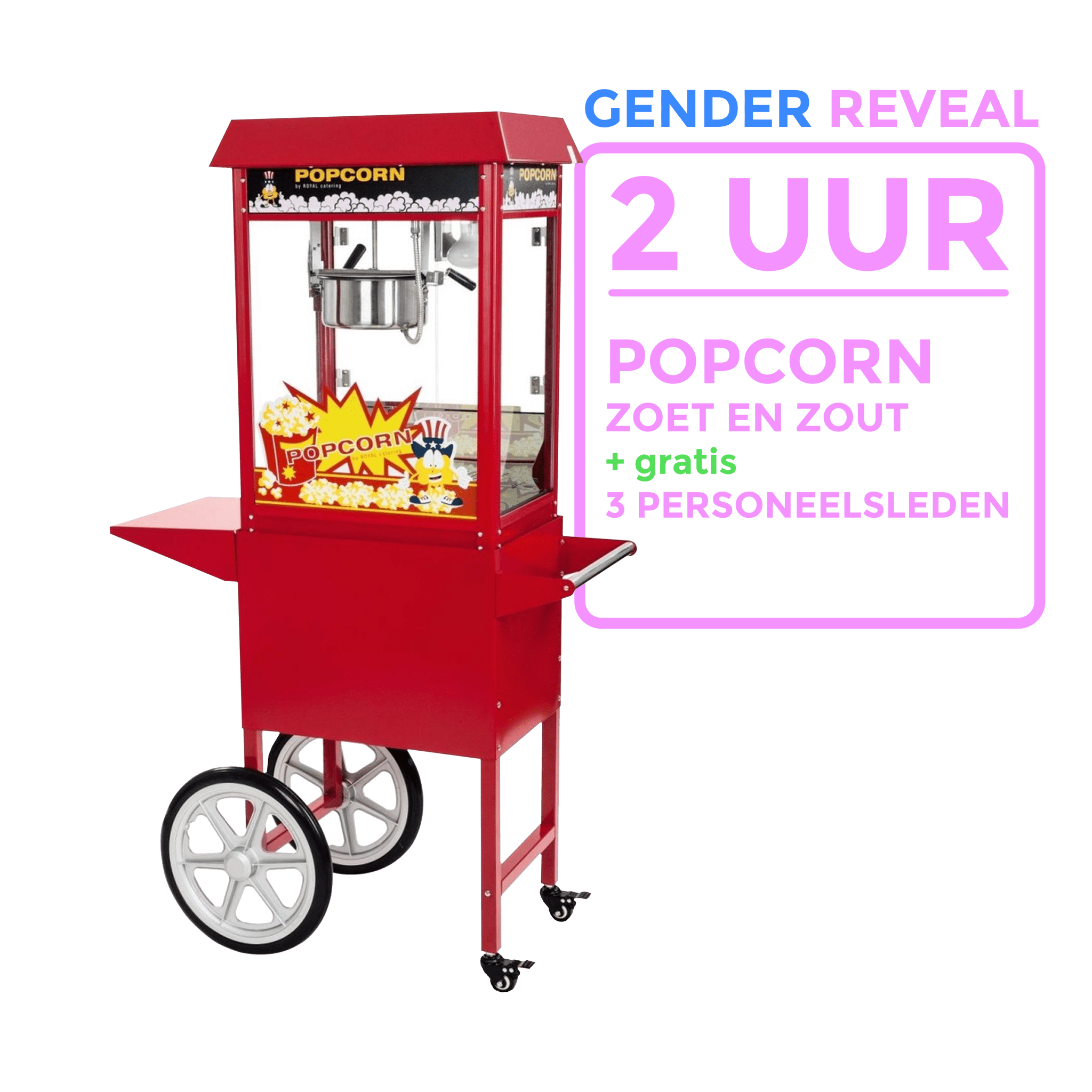 Boek een Popcorn Machine voor 2 uur + GENDER REVEAL (incl. 3 personeelsleden) - Fun Party Rentals